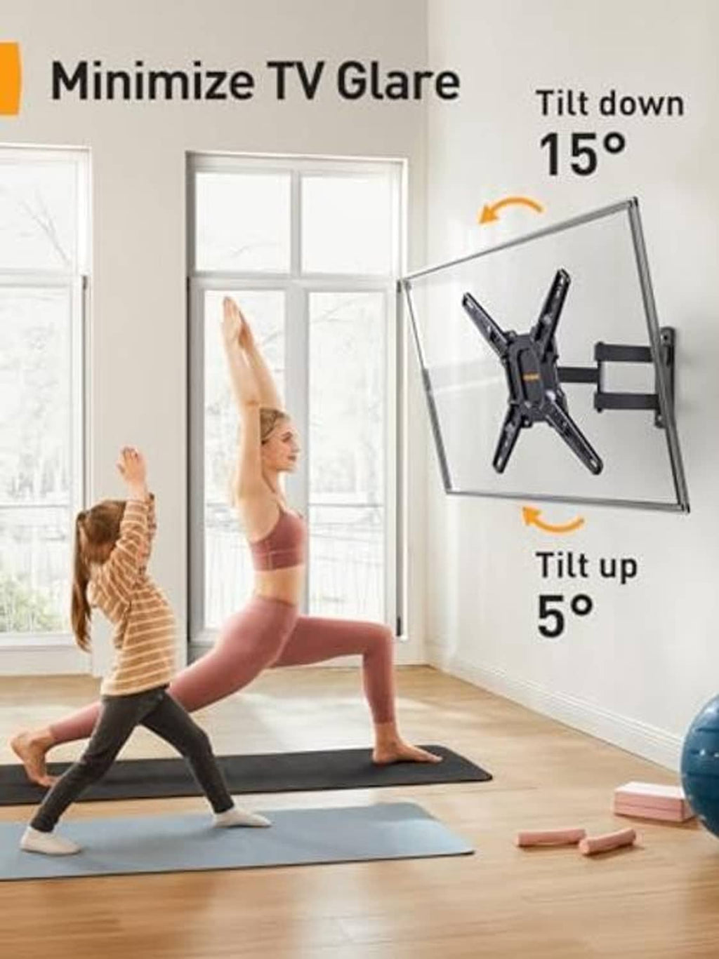 Tilting full-motion TV wall mount bracket with 15° down and 5° up adjustment