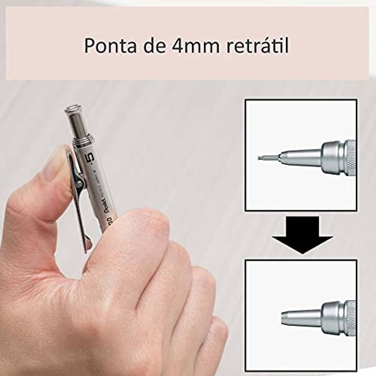 Mechanical pencil in hand with retractable lead tip extended; silver metal body