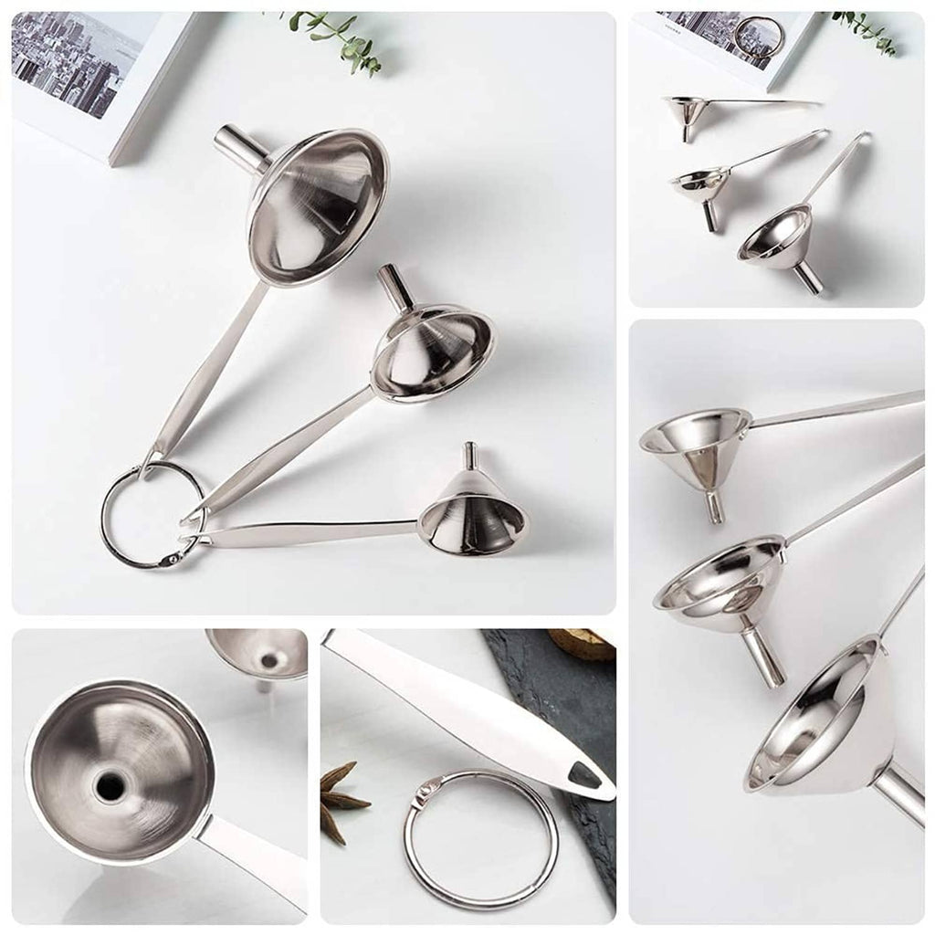 Silver metal funnels set with long handles, cones, and carry ring attachment