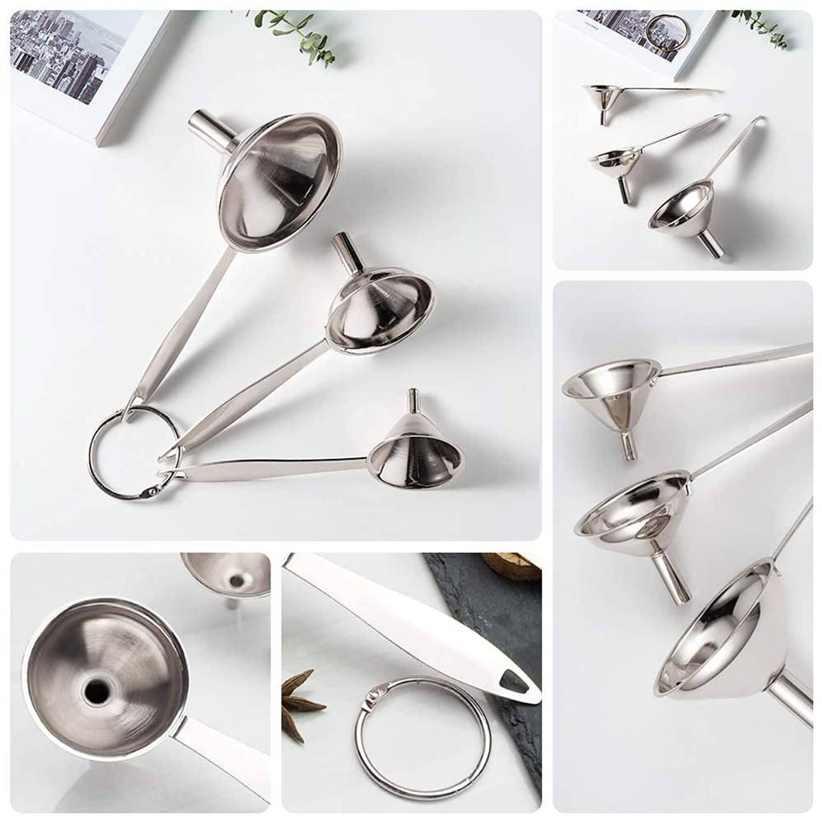Silver metal funnels set with long handles, cones, and carry ring attachment