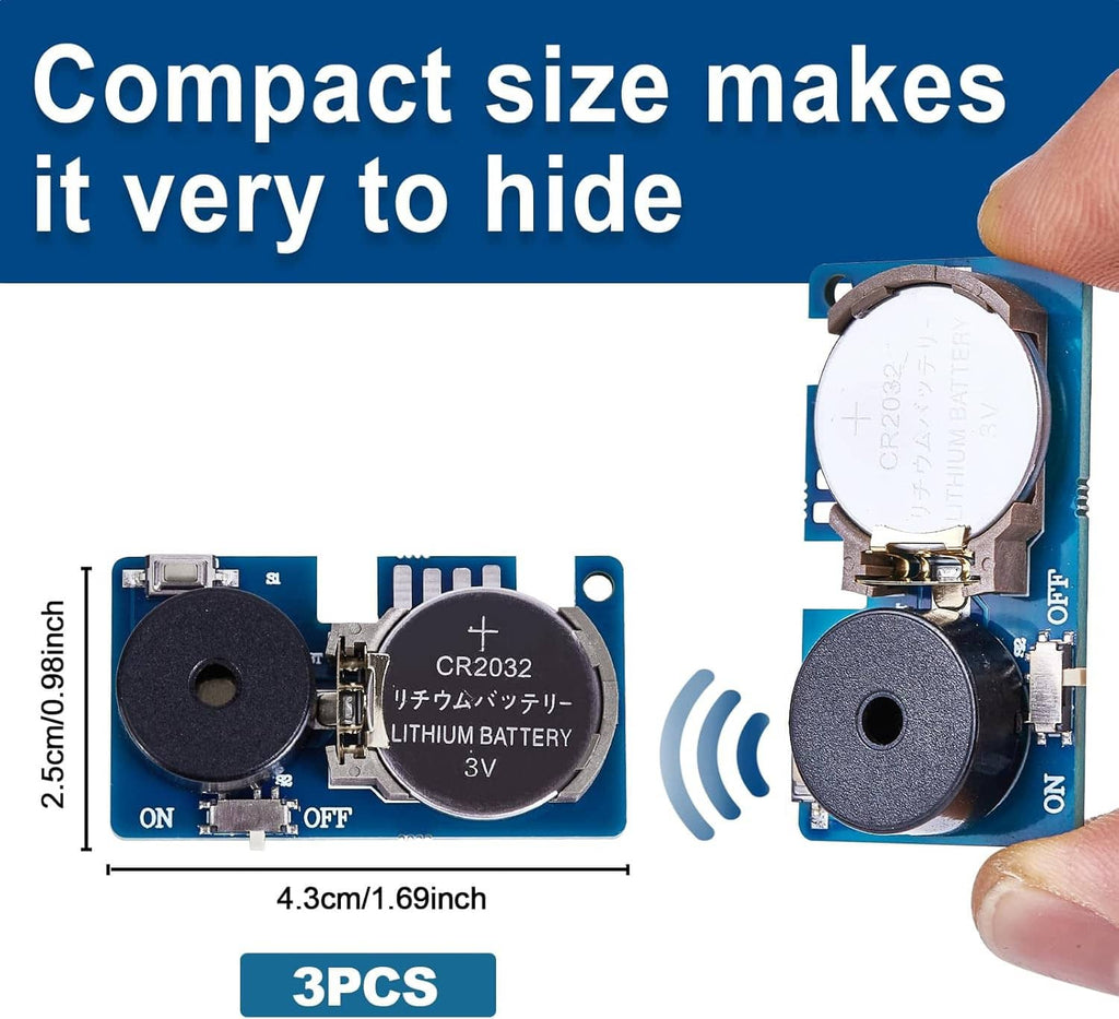 Compact electronic noise maker with dark speaker disc, CR2032 battery, ON/OFF switch