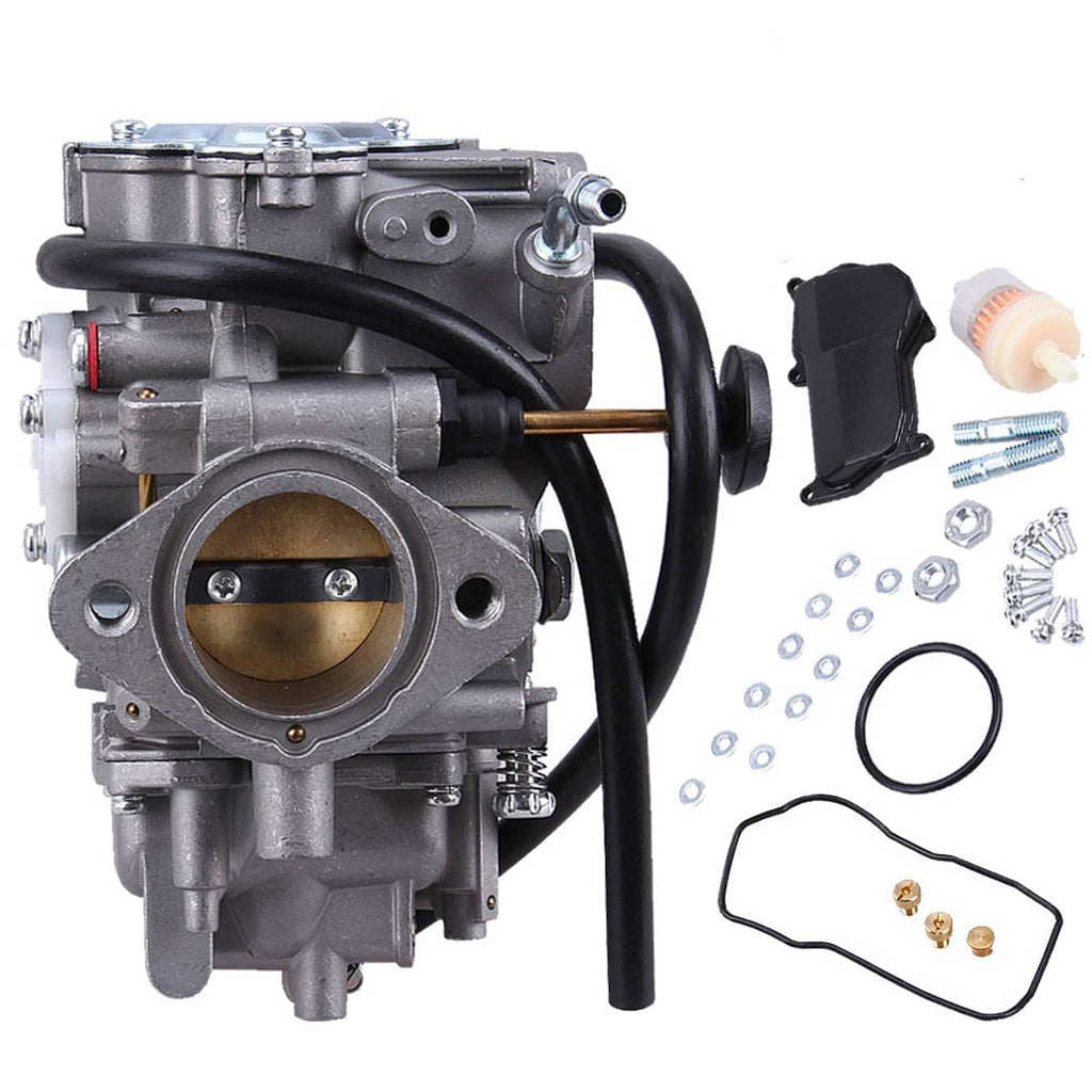 Carburetor assembly with black rubber hoses, throttle slide, and small hardware parts