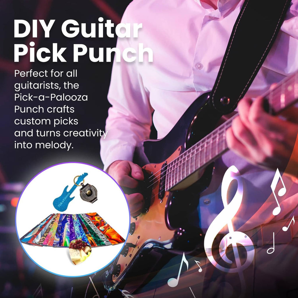 Hands using dark blue guitar pick punch on a custom pick strip