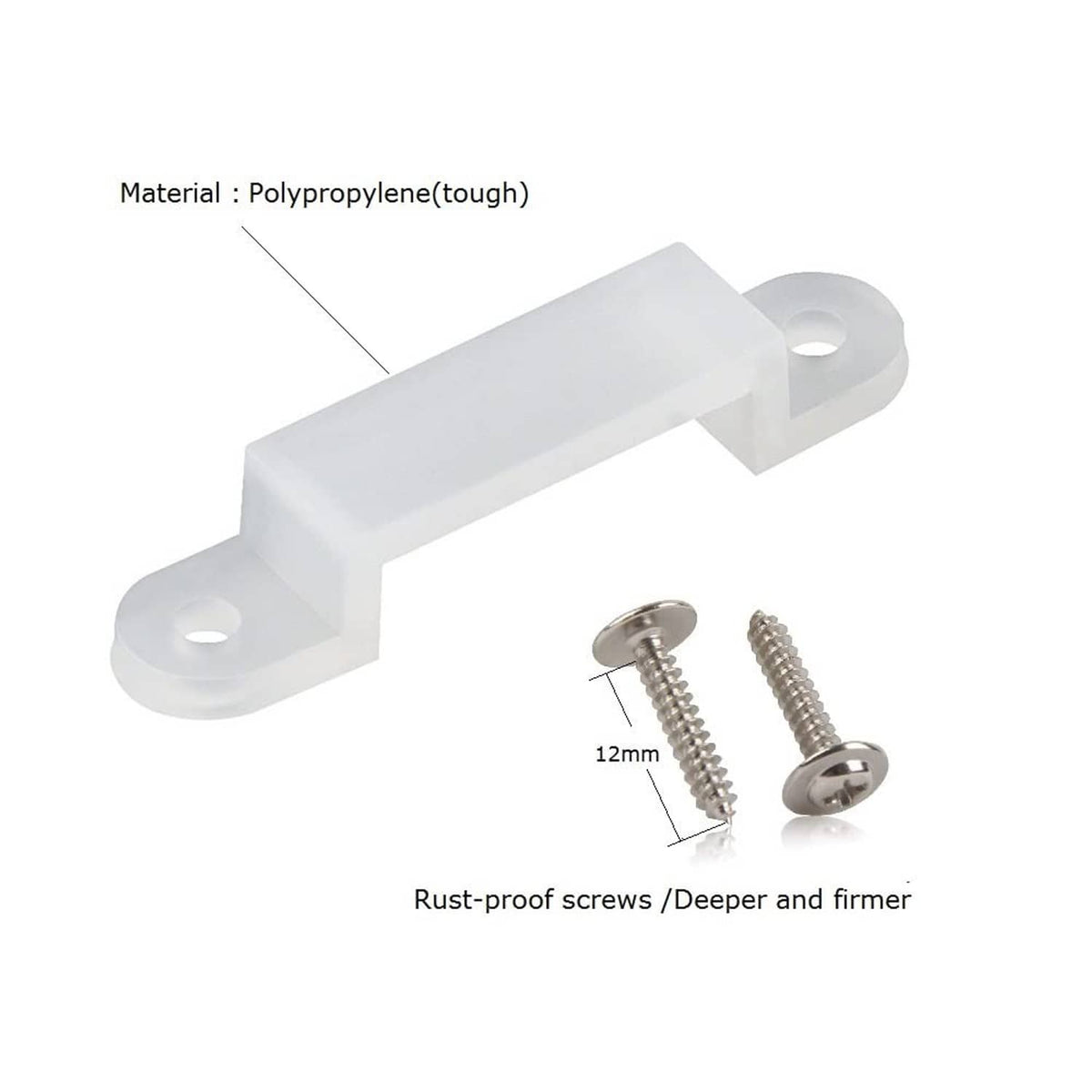 White mounting bracket with mounting screws for 12mm LED strip lights
