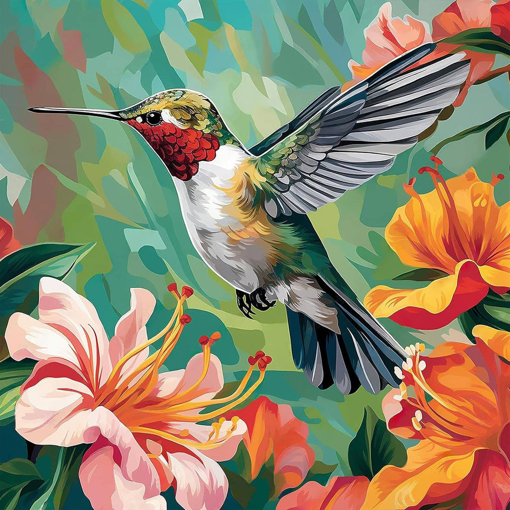 Paint-by-numbers artwork with hummingbird wings spread among bright flowers
