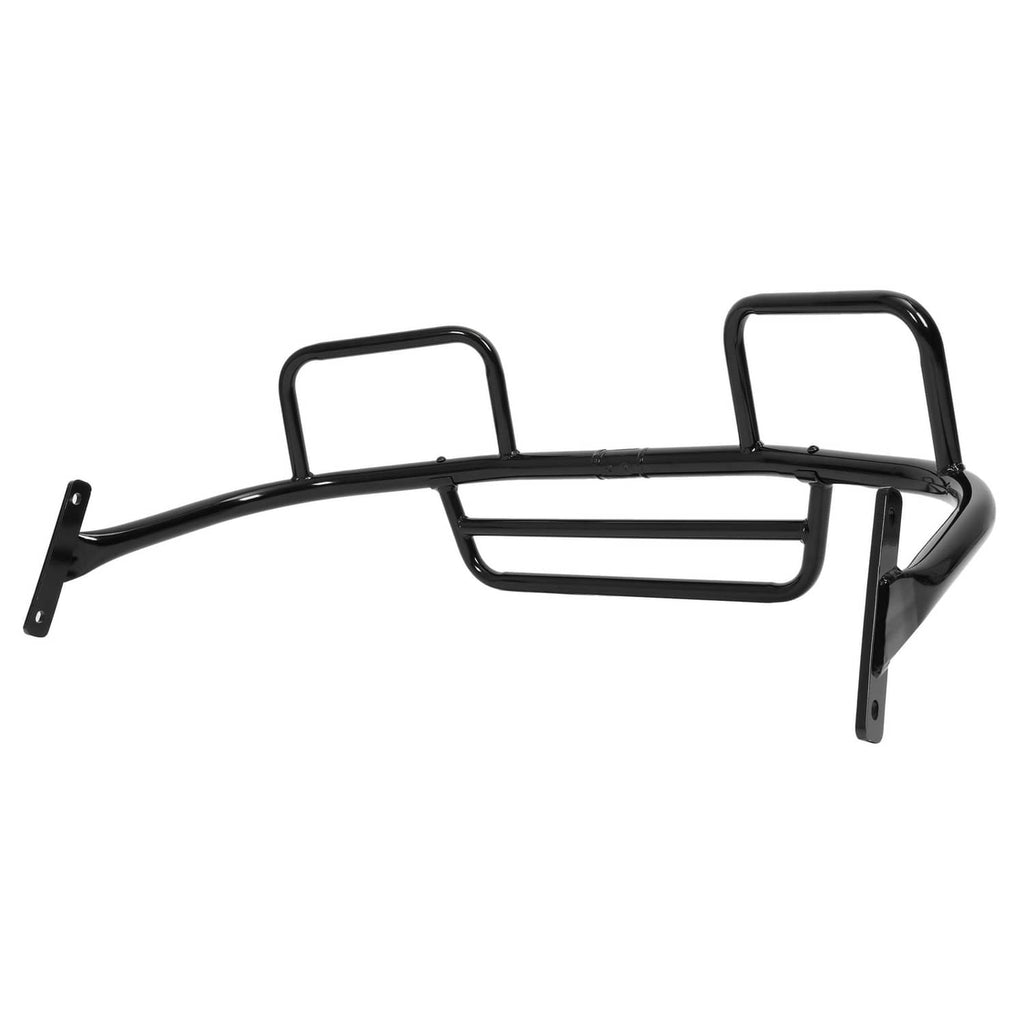 Black steel front brush guard with curved main rail, center guard bar, and two end hoops