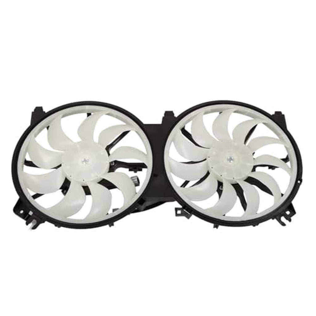 Dual radiator cooling fan assembly with two circular fans, black housing, white blades