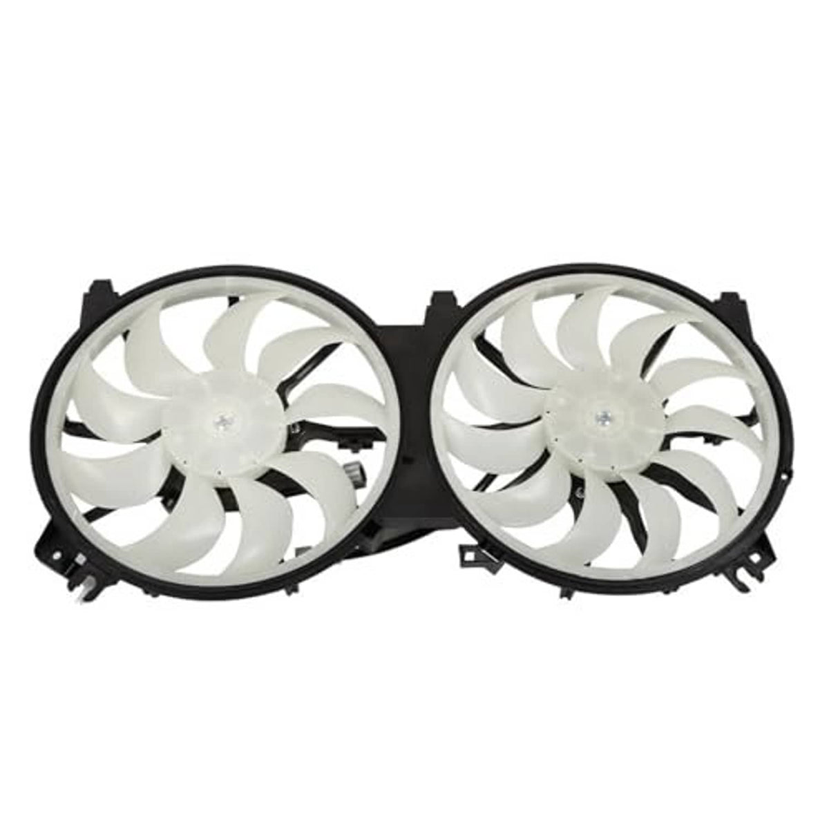 Dual radiator cooling fan assembly with two circular fans, black housing, white blades