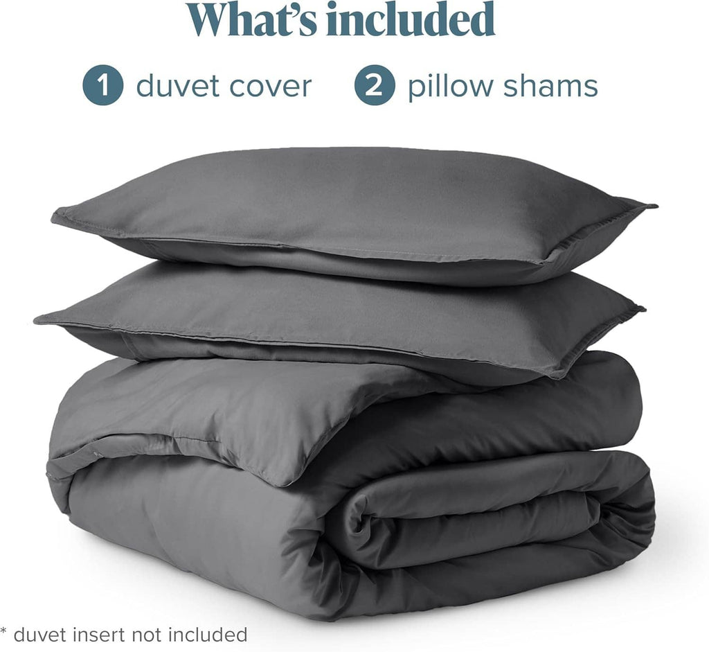 Duvet cover with two pillow shams, dark gray folded set.