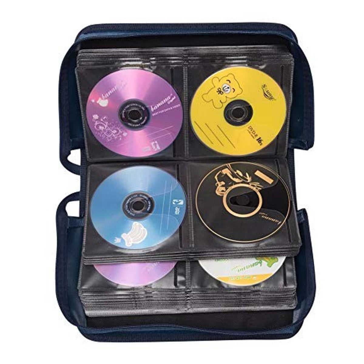 Blue CD/DVD wallet case open with four CDs in clear sleeves