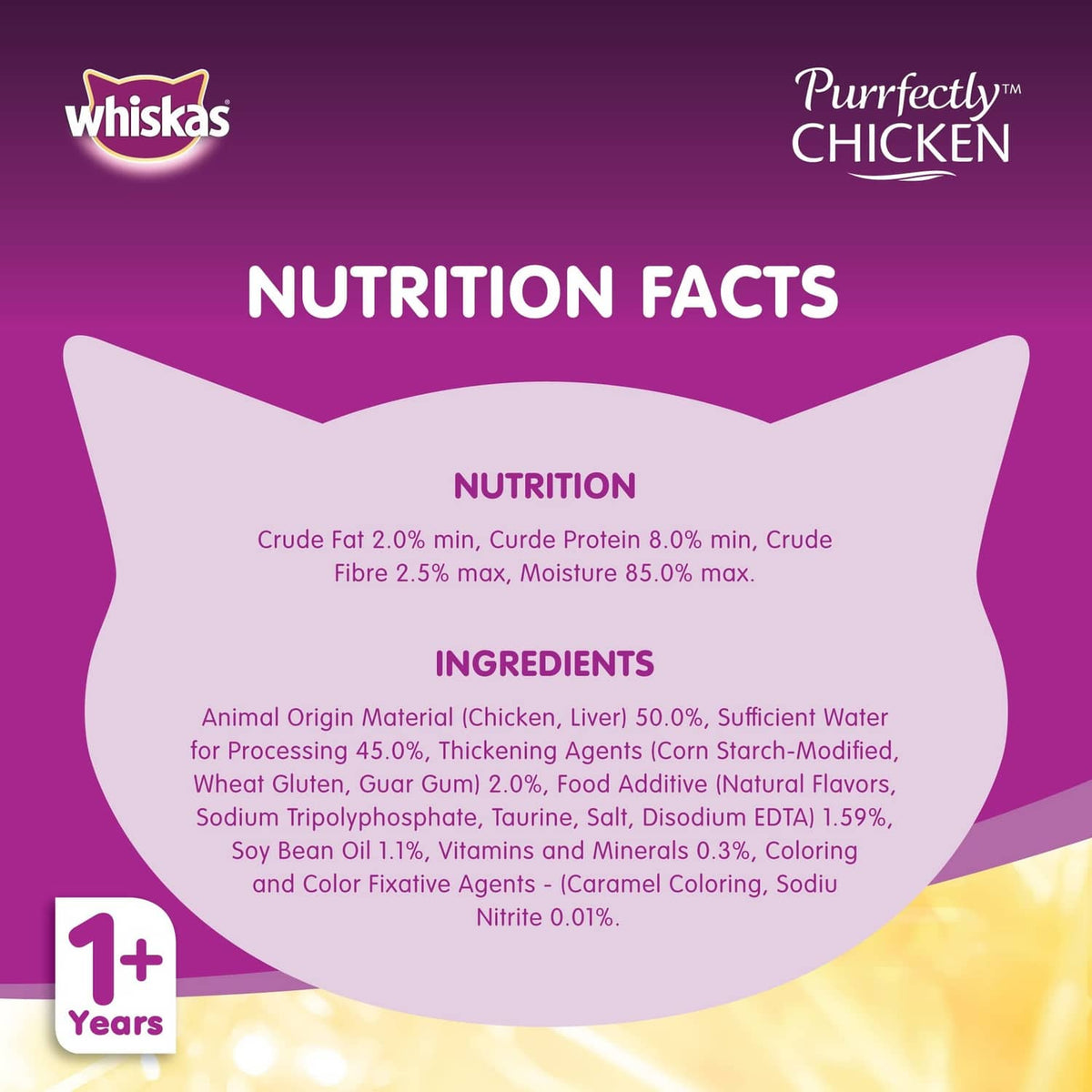 Whiskas Purrefectly Chicken cat food pouch nutrition facts and ingredients panel