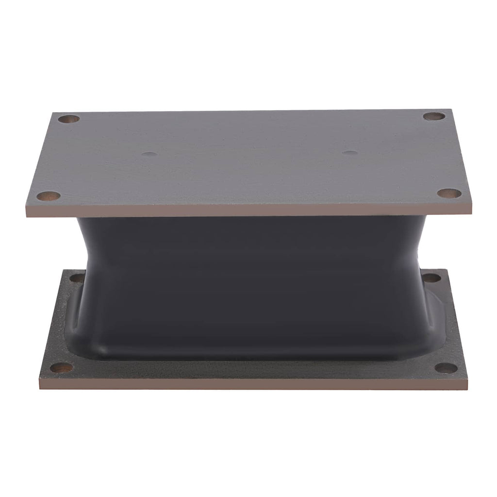 Rubber shock mount isolator straight-on view with metal plates and central rubber cushion