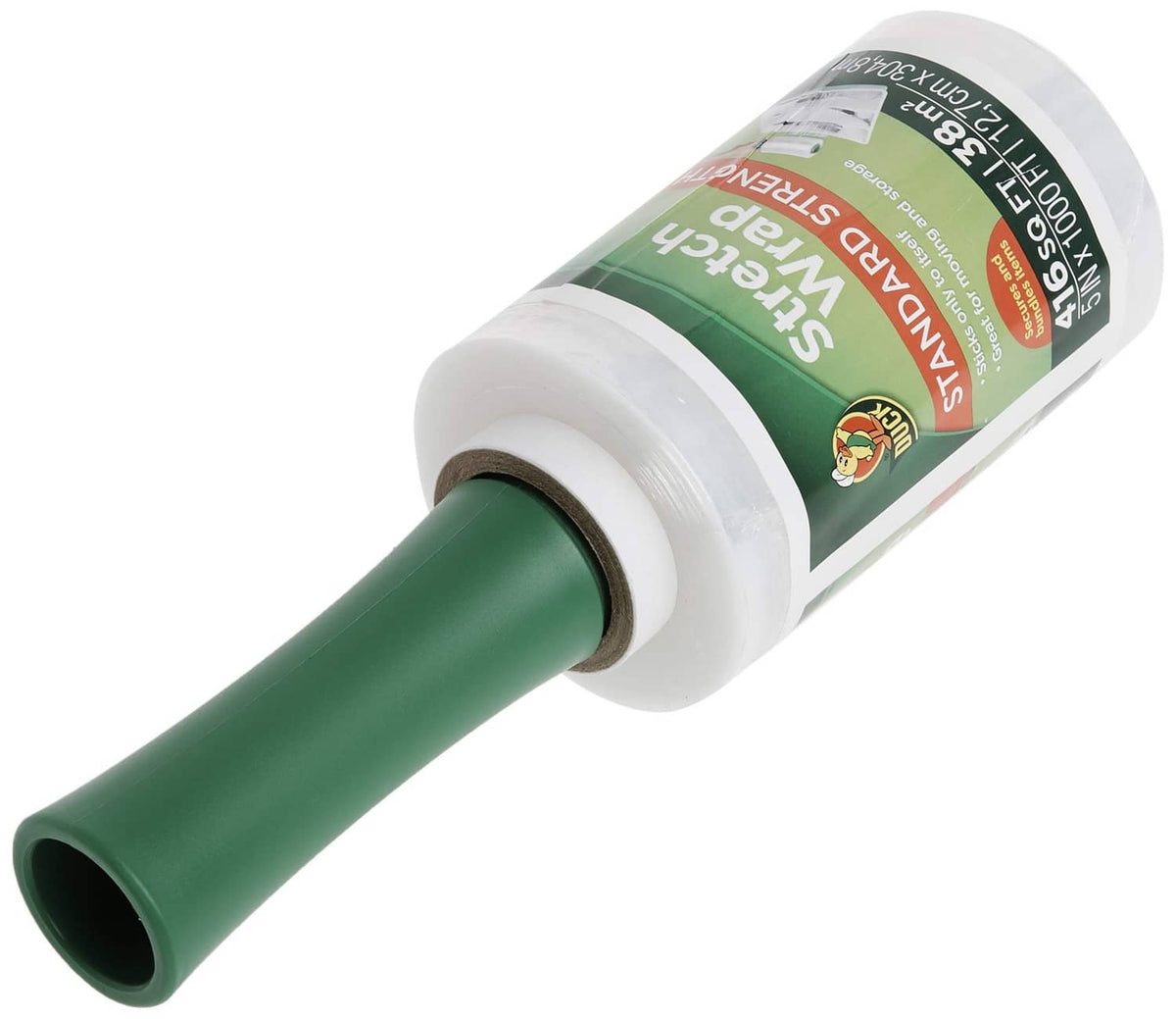 Duck Brand stretch wrap dispenser roll with green film and white core, side view