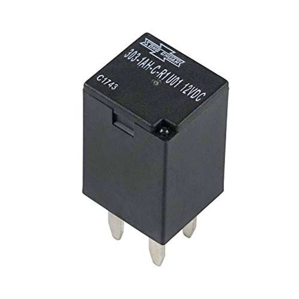Black cooling fan relay with top text label and two visible light-gray mounting prongs at base.