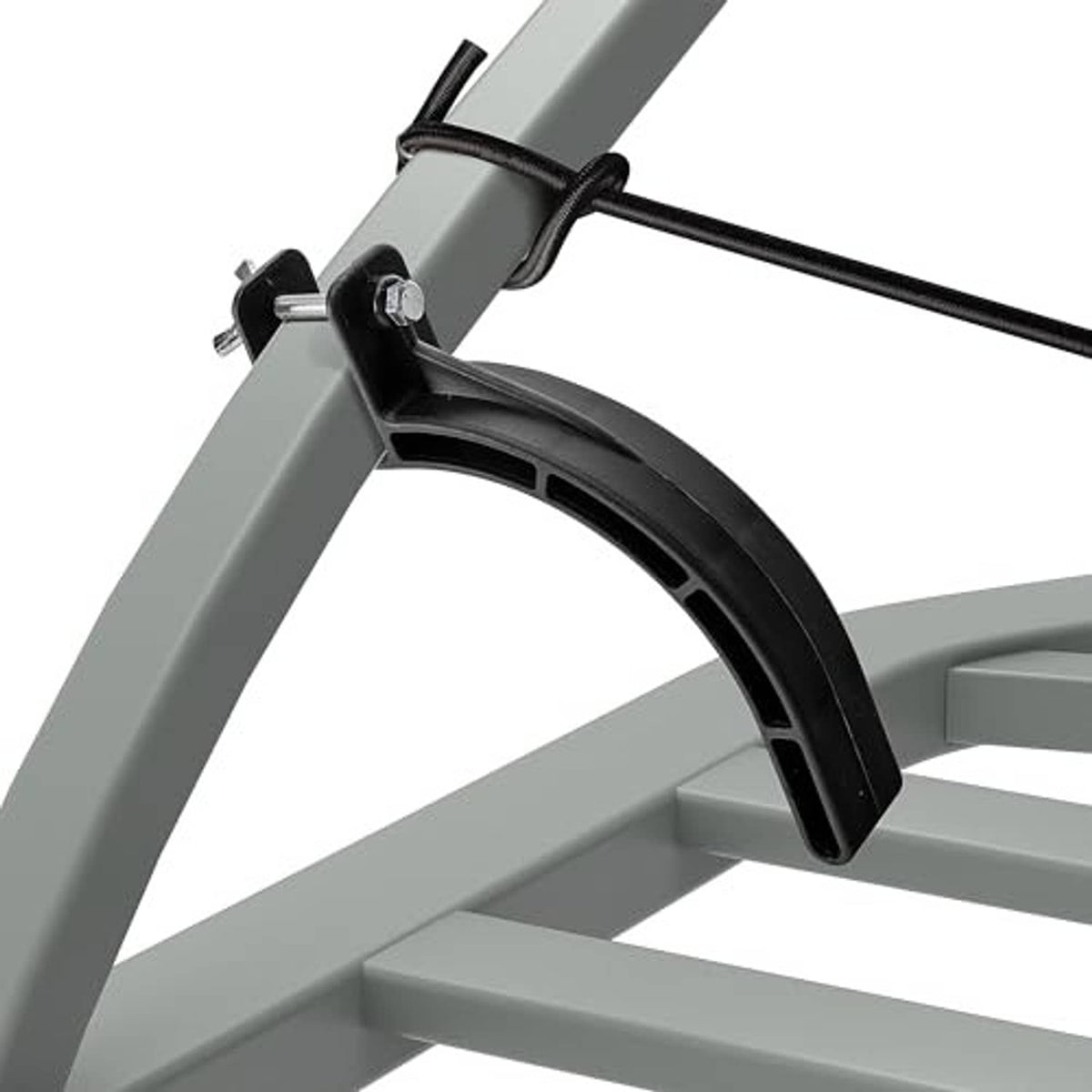 Black stirrup bracket clamped to grey platform bar, with elastic rope strap