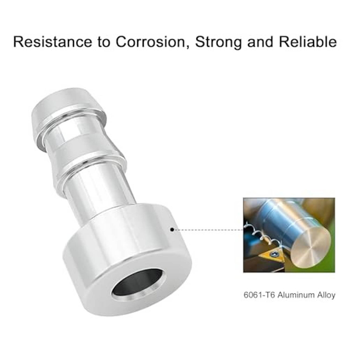 Polished aluminum 3/8 hose barb weld-on adapter with flanged base, silver finish