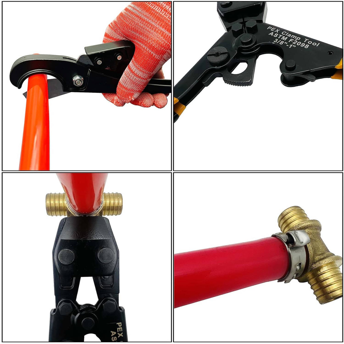 PEX clamp cinch tool crimping a red pipe onto a brass fitting