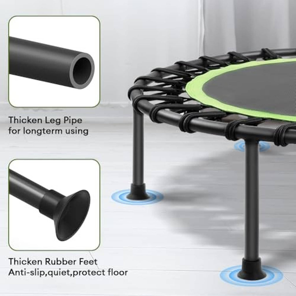 Trampoline leg pipe and anti-slip rubber feet shown under the black steel frame