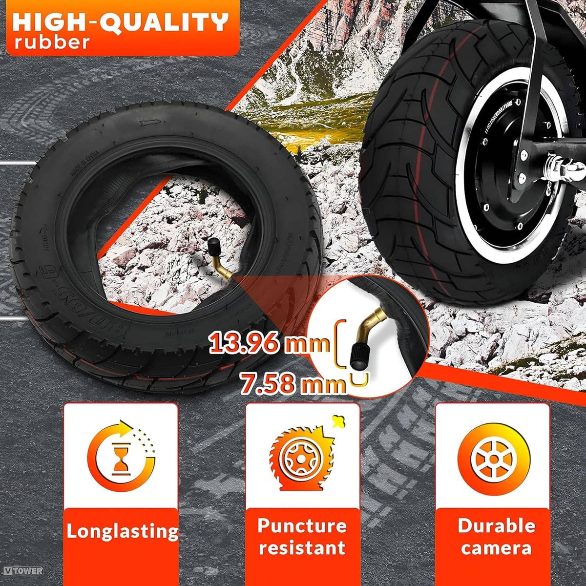 Black scooter tire with inner tube, heavy-duty tread and rubber thickness markers