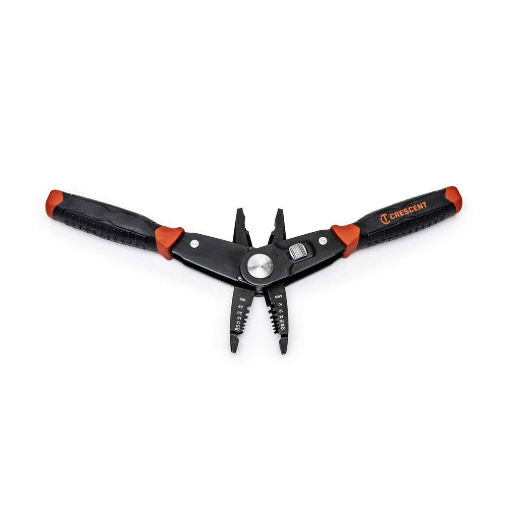 Wire stripper lineman’s pliers with dual blade sections; orange grips and black handles.
