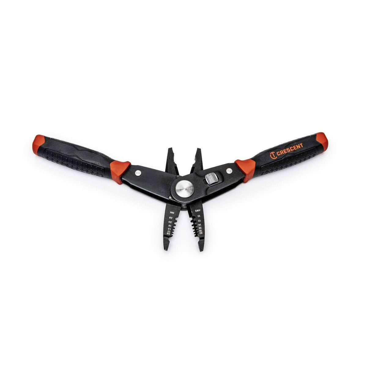Wire stripper lineman’s pliers with dual blade sections; orange grips and black handles.