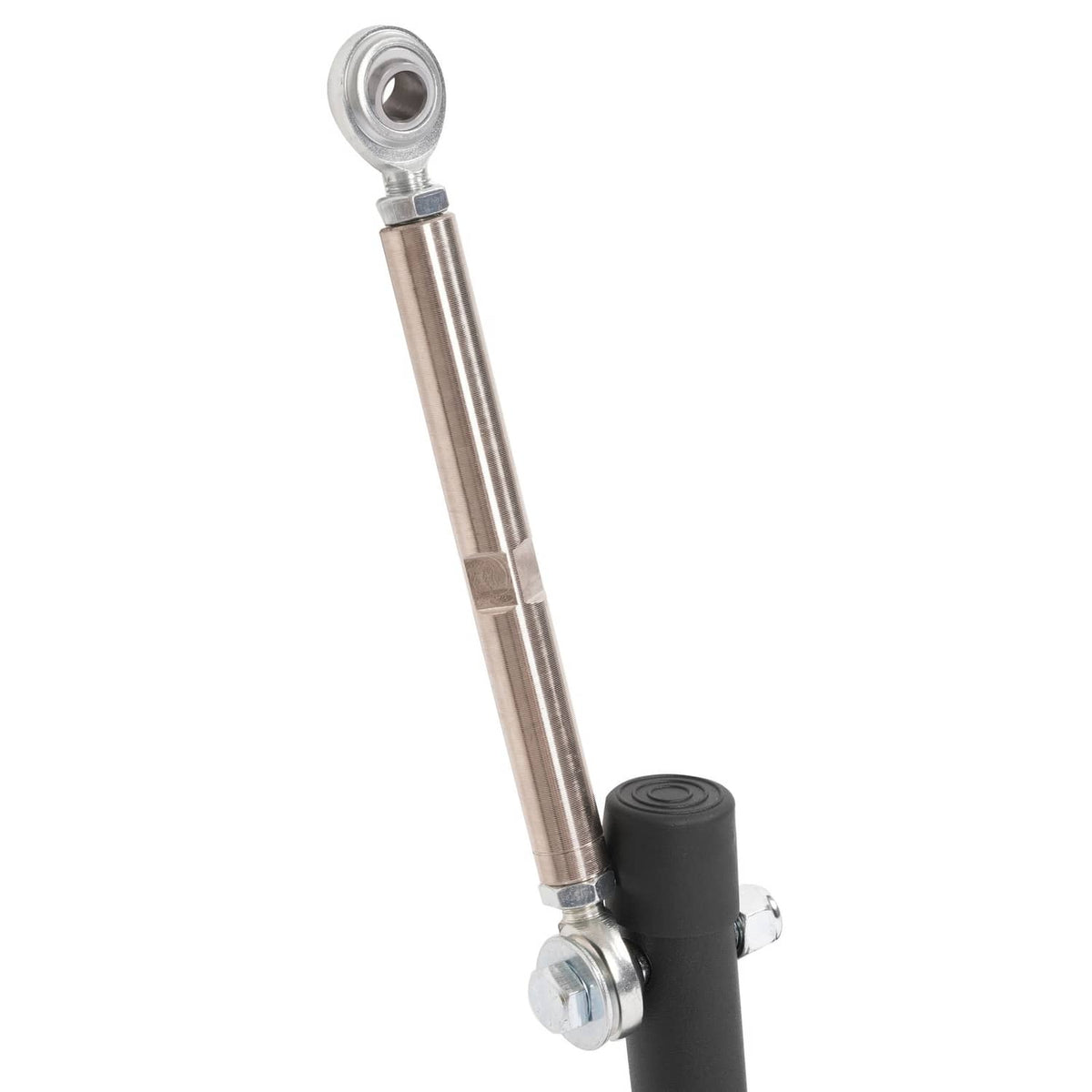 Threaded end link for steel sway bar anti-roll kit with rubber bushing and mounting eye
