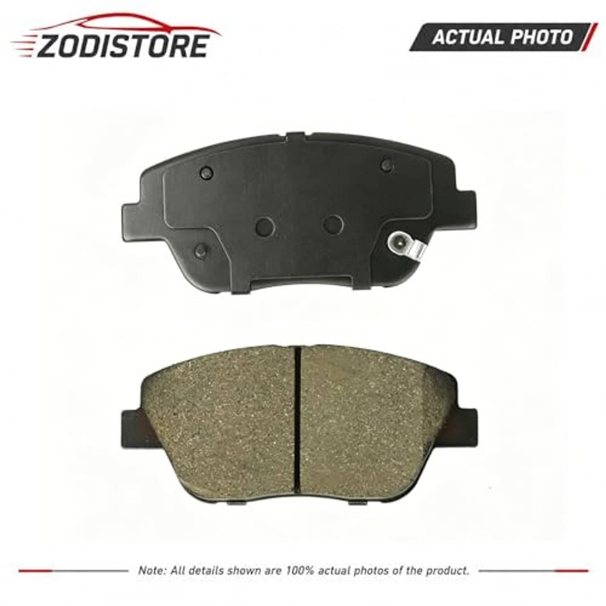 Ceramic brake pad set showing black backing plate and tan friction pad, front and rear