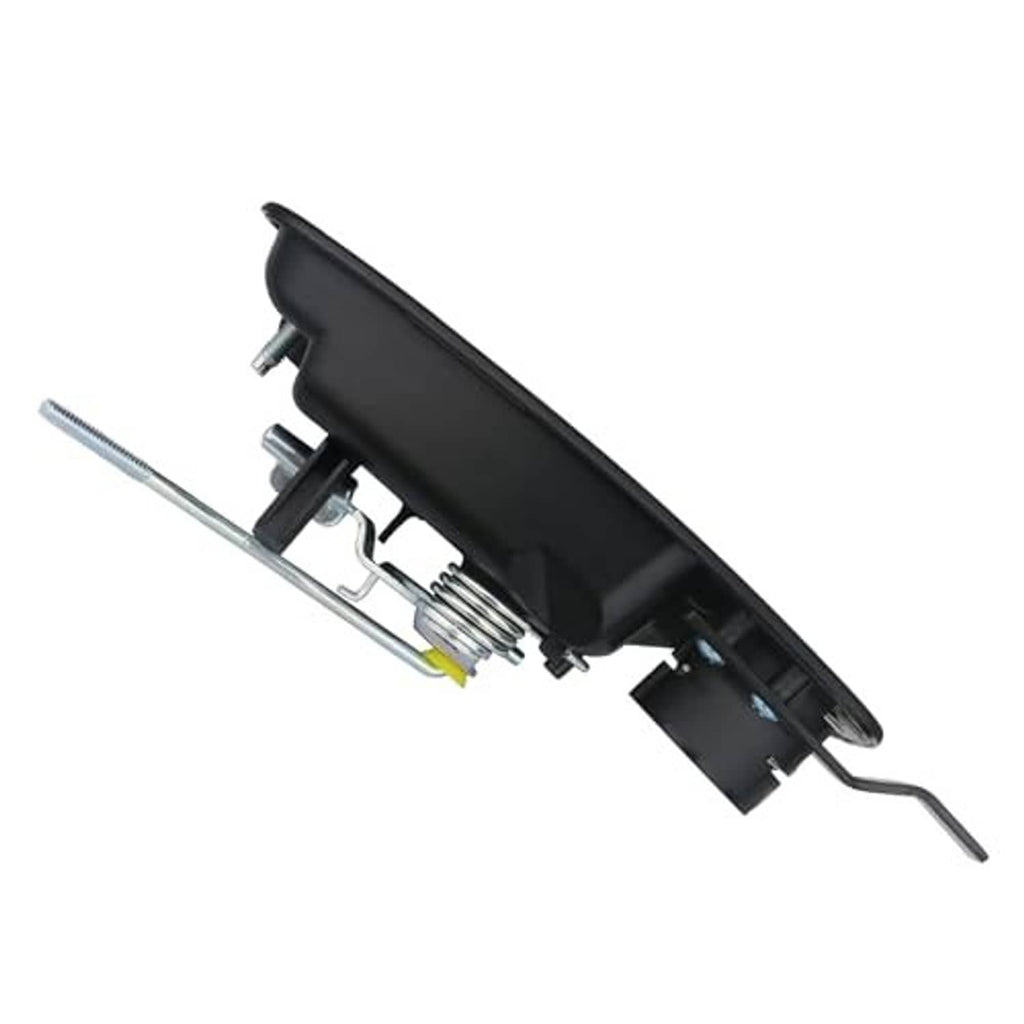 Black exterior door handle assembly with mounting hardware and metal connecting rod.