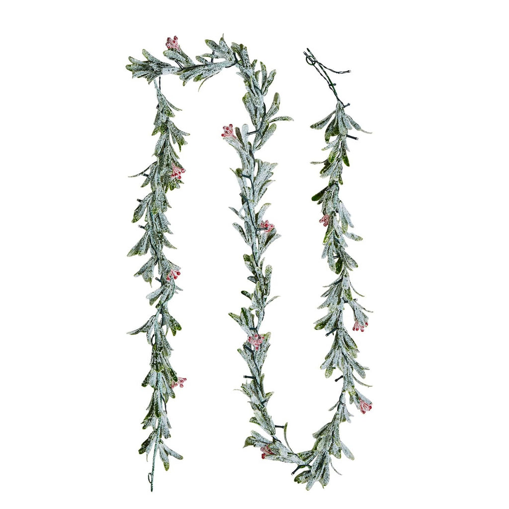 Christmas garland wreath with vine leaves and red berry sprigs, with lights
