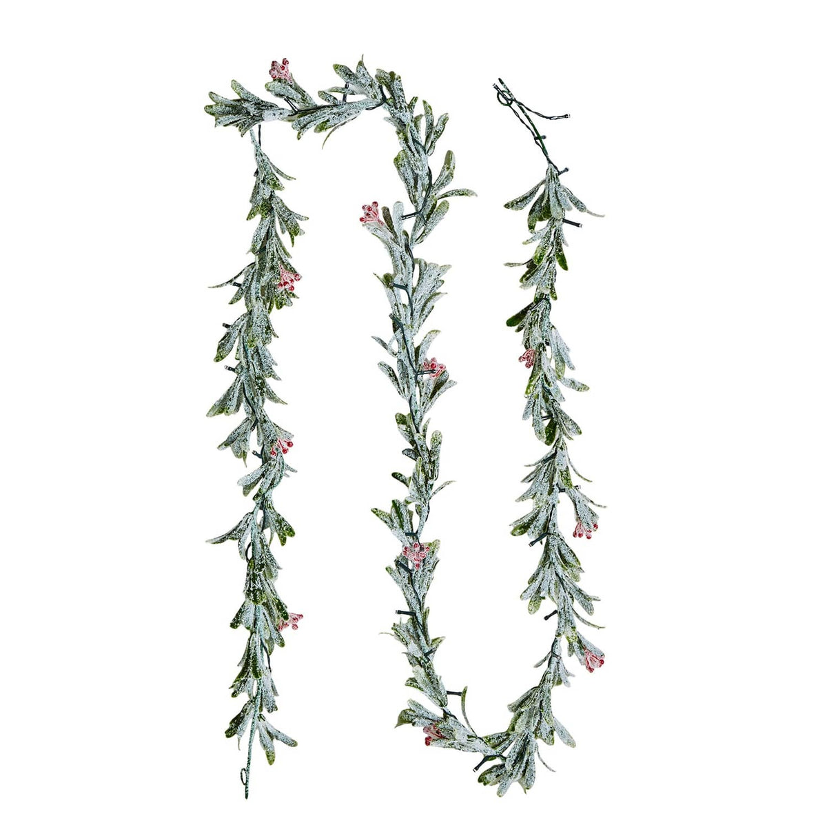 Christmas garland wreath with vine leaves and red berry sprigs, with lights