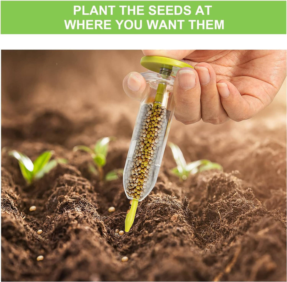 Handheld seed dispenser filled with yellow seeds; green pointed base for planting