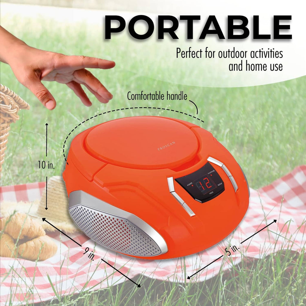 Orange portable CD player boombox with side speaker grill and top control panel
