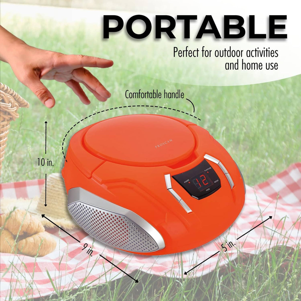 Orange portable CD player boombox with side speaker grill and top control panel