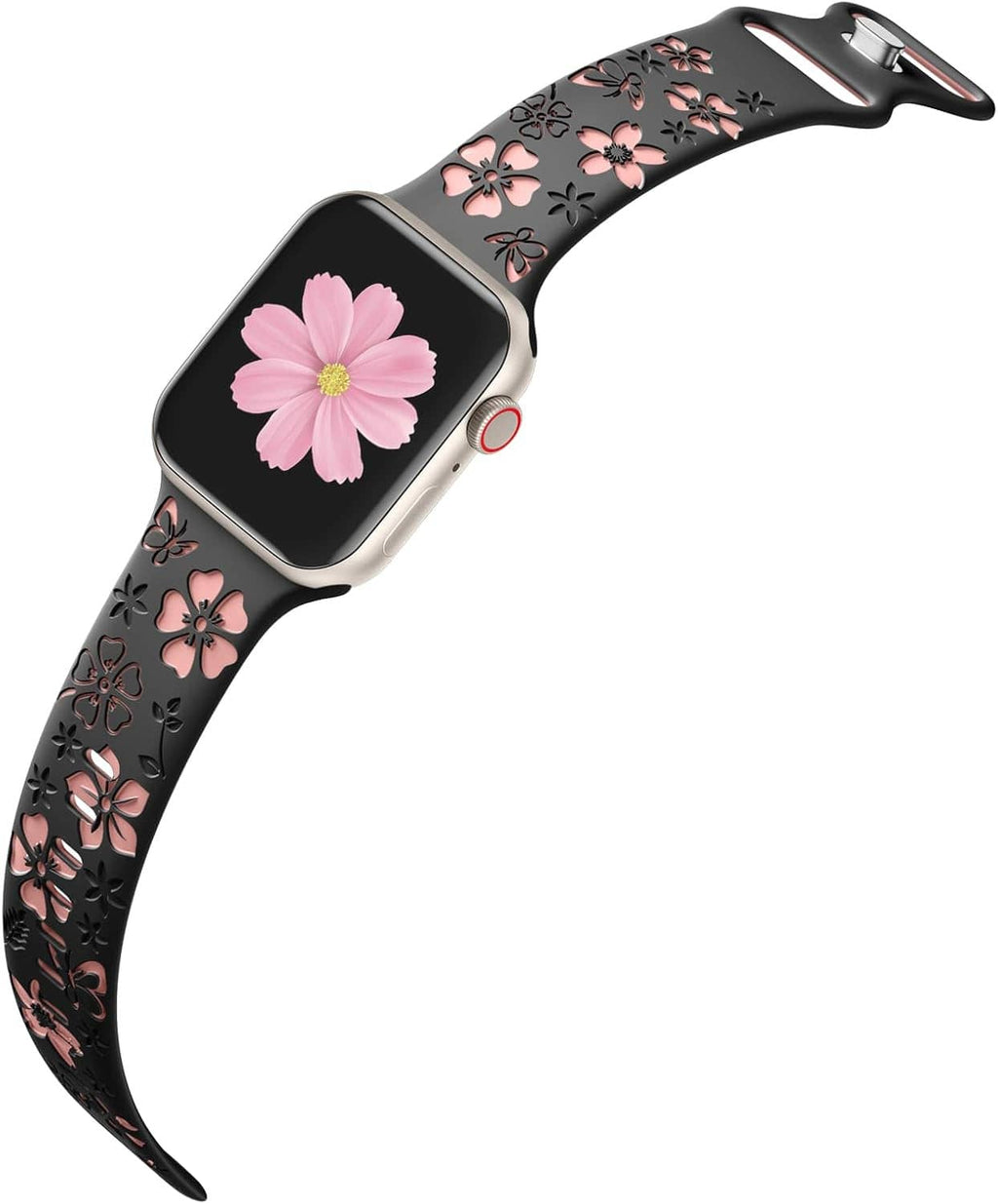 Floral engraved smartwatch band in black with pink blooms; watch clasp and stem visible