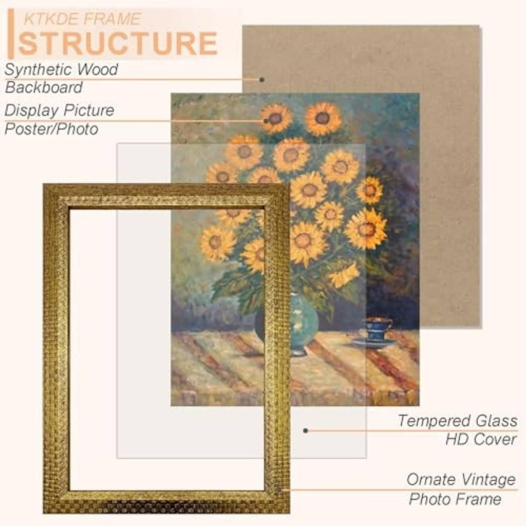 Ornate vintage gold photo frame with tempered glass HD cover and poster backing