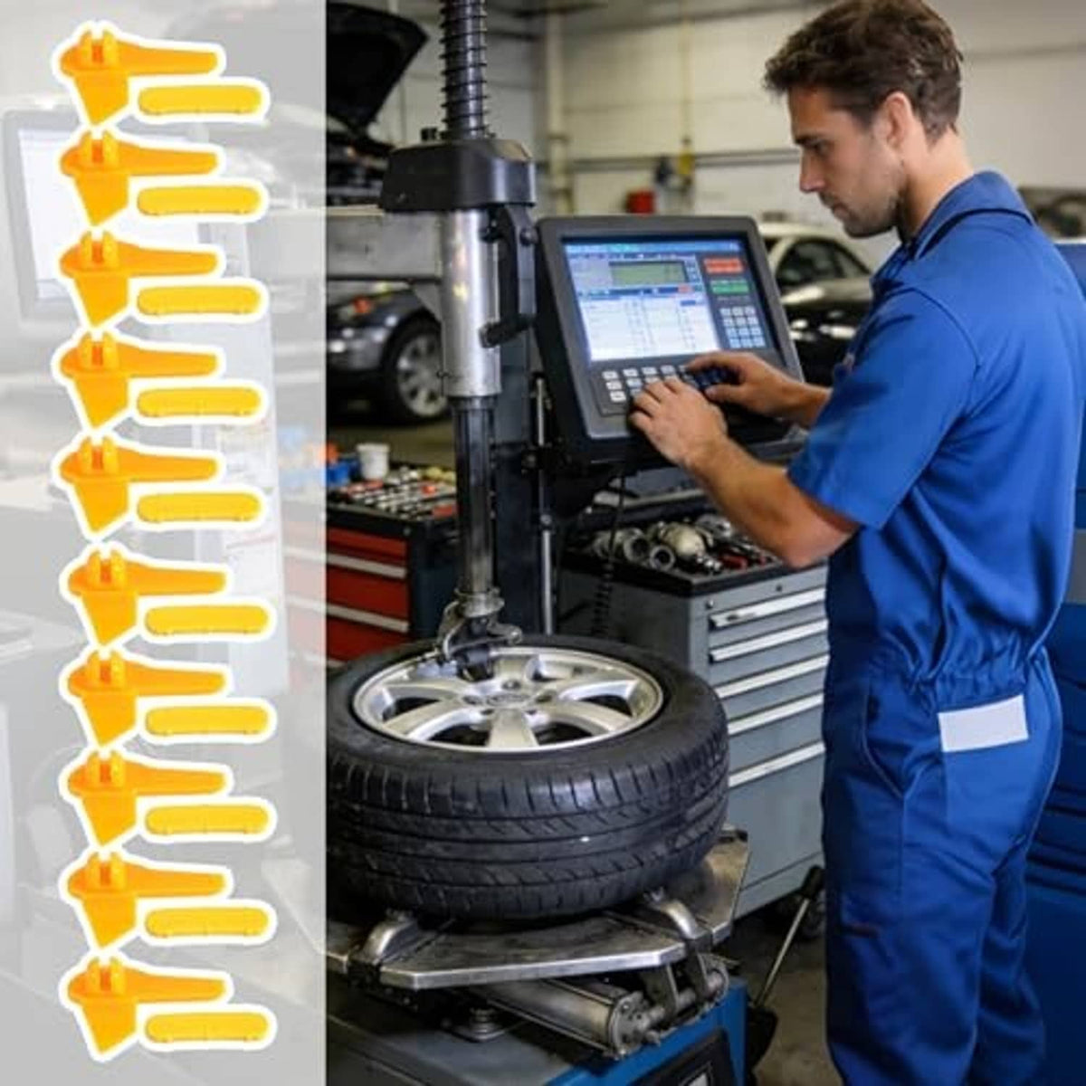 Yellow tire rim protector inserts displayed vertically as a 10-piece set packaging view