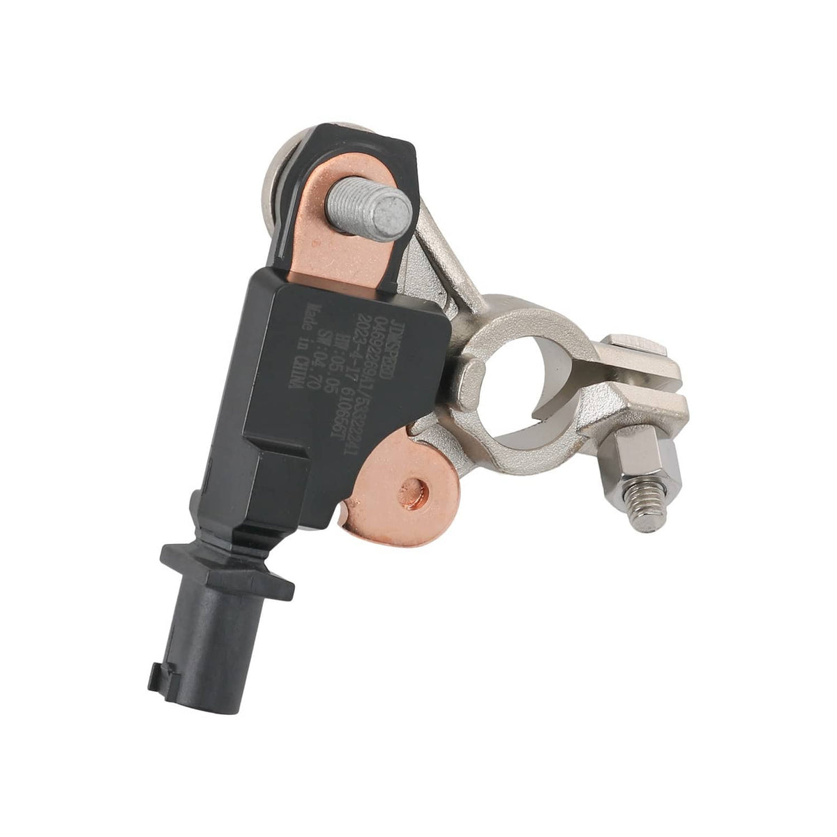 Battery current sensor angled view with black plug and copper grounding pad