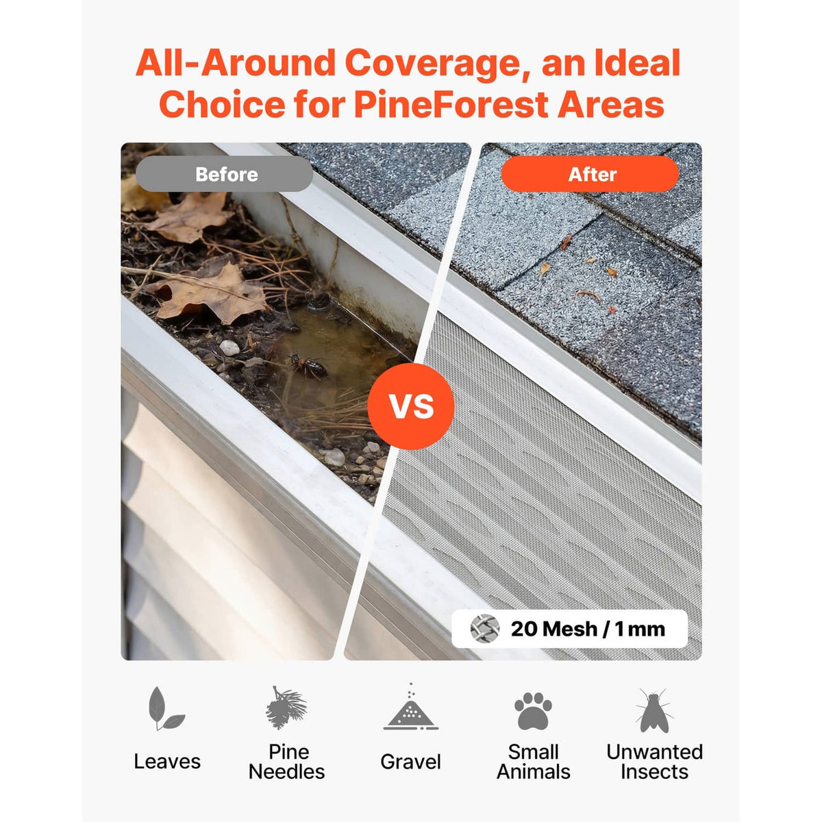 Steel mesh gutter cover over a K-style gutter channel, gray aluminum