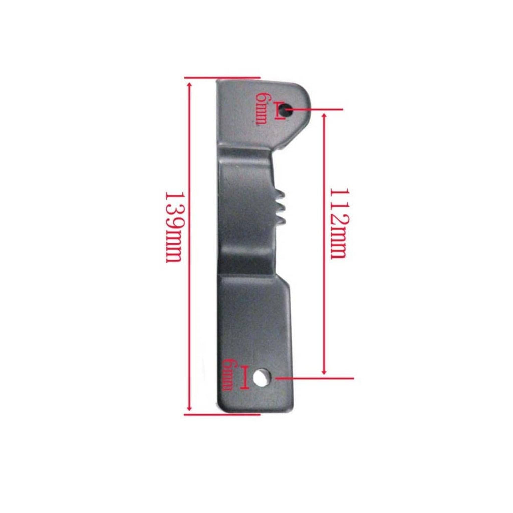 Metal locking bracket with teeth, front hook, and lower mounting hole