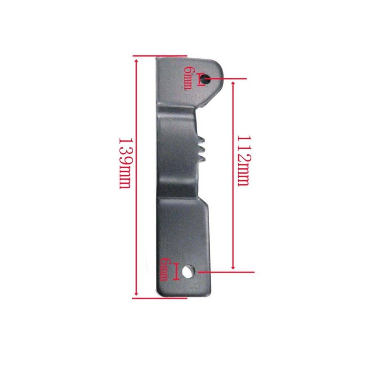 Metal locking bracket with teeth, front hook, and lower mounting hole