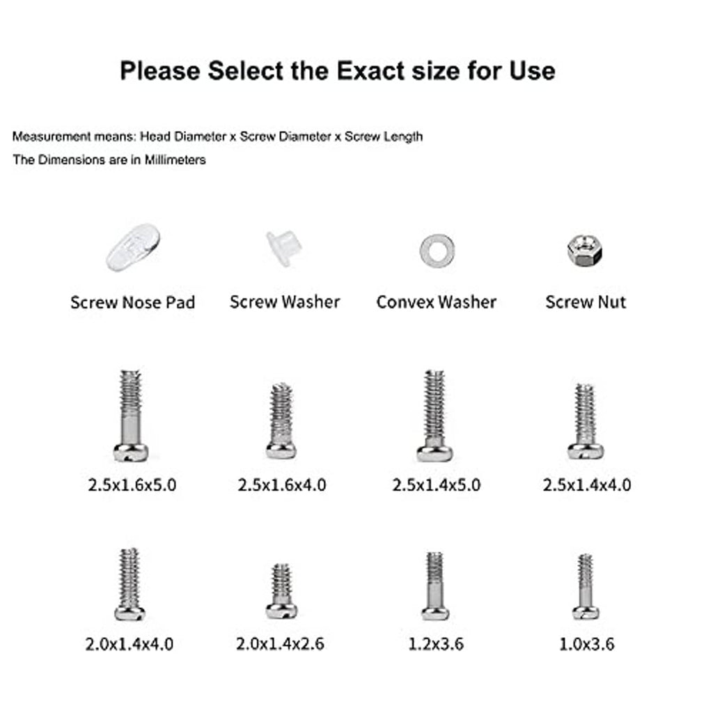 Eyeglasses screw size guide with numbered screws, washers, and nut sizes shown