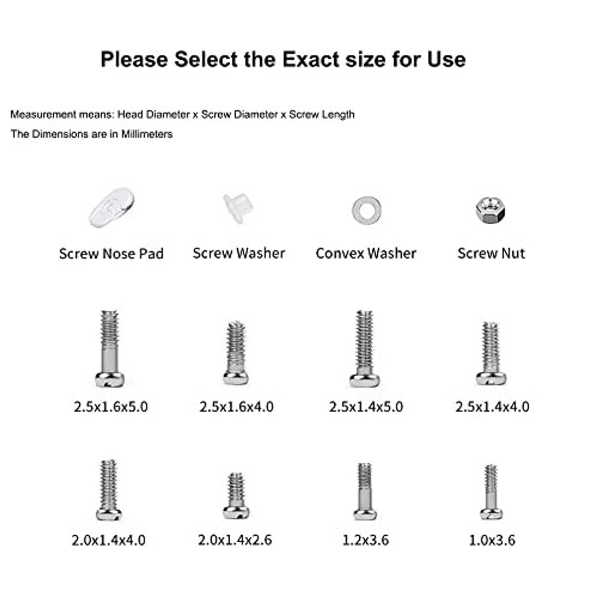 Eyeglasses screw size guide with numbered screws, washers, and nut sizes shown