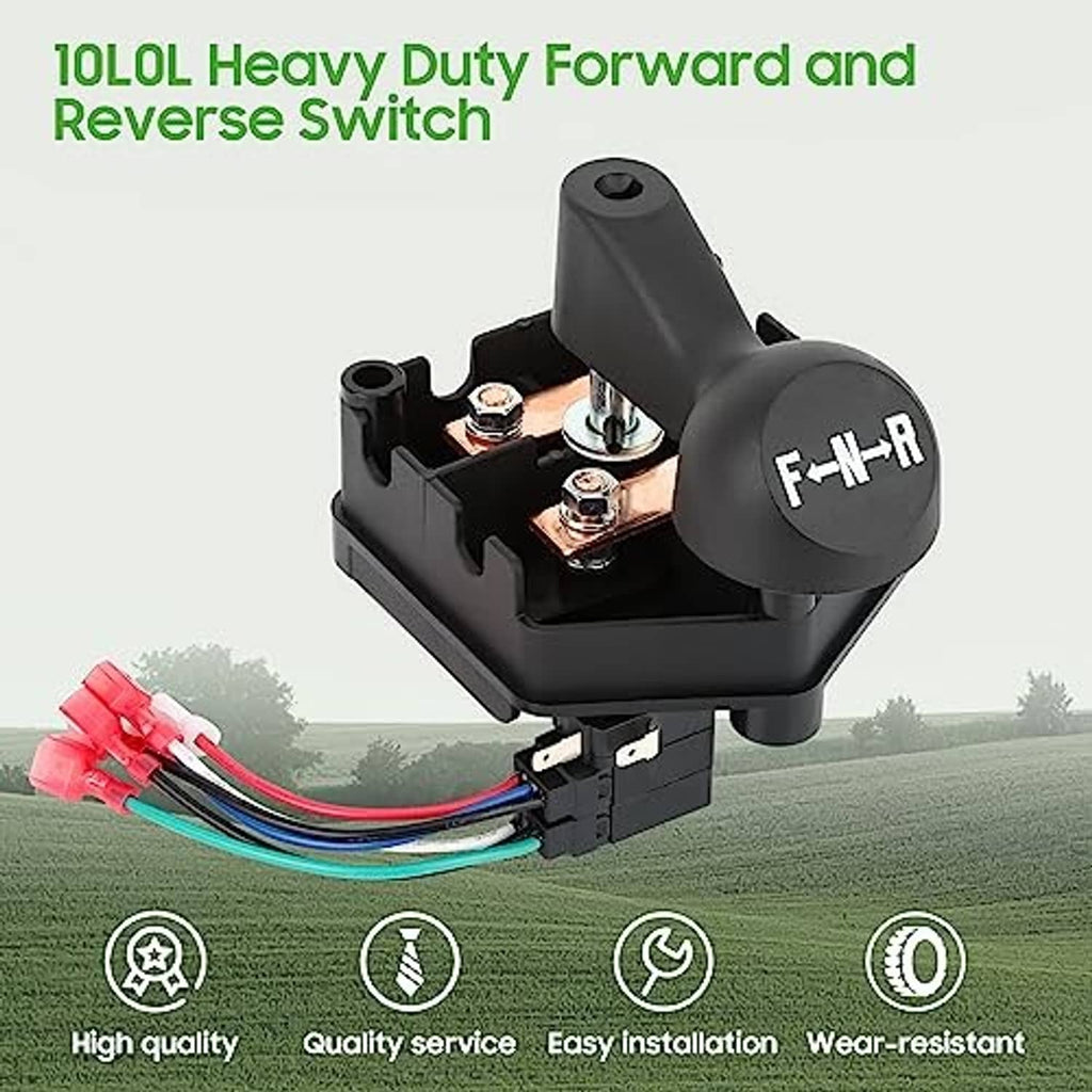 Black forward-reverse switch with F-N-R knob, copper terminals, and wire leads