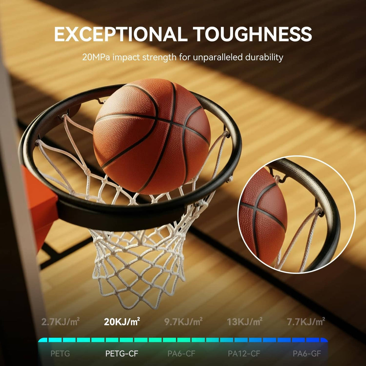 Black carbon fiber PETG material used for durable basketball-themed 3D print