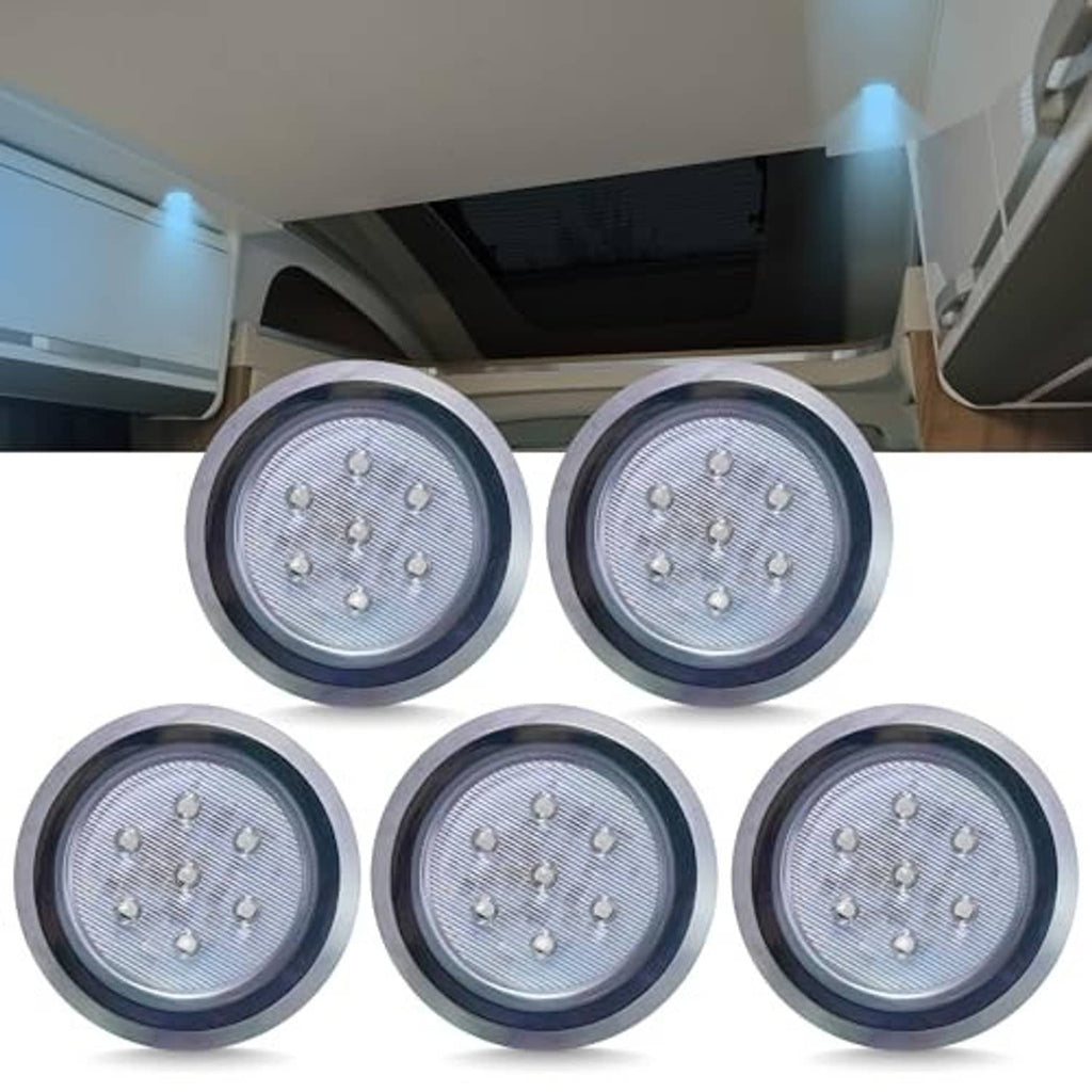 Five round LED dome surface lights with chrome trim ring, shown on RV interior