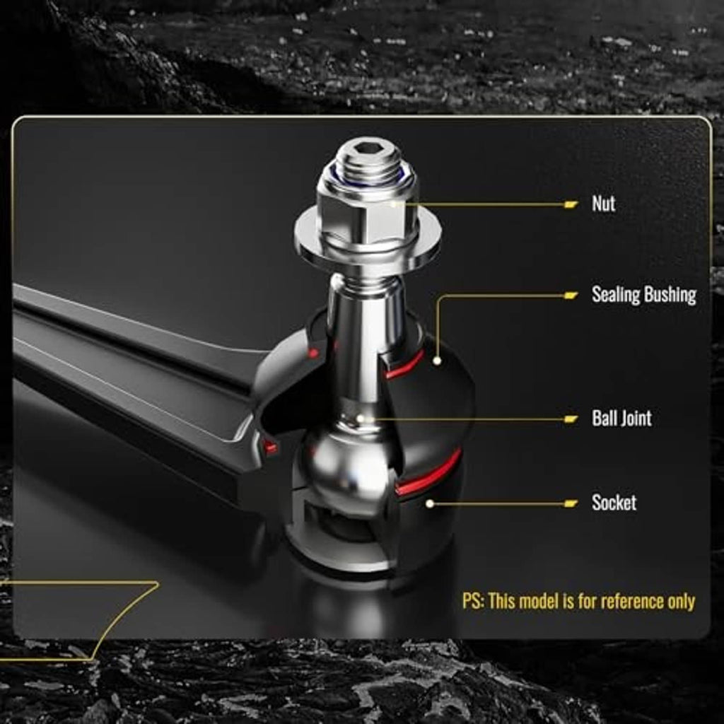 Exploded diagram of control arm with nut, sealing bushing, ball joint, and socket