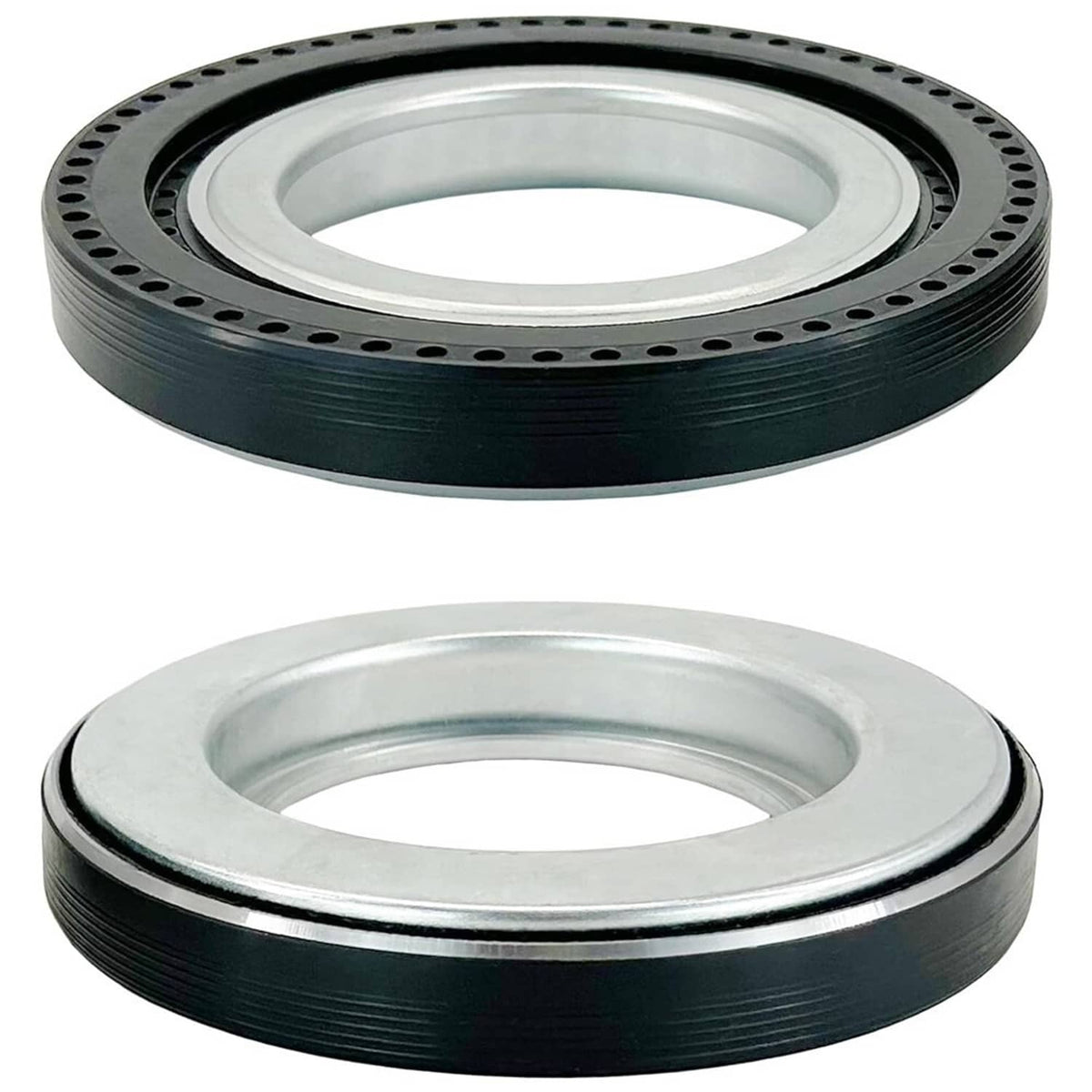 Front axle seal ring set with two stacked rubber seals and metal housings