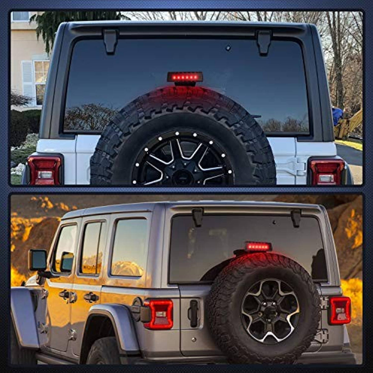 LED third brake light glowing red on SUV rear, shown in two angles