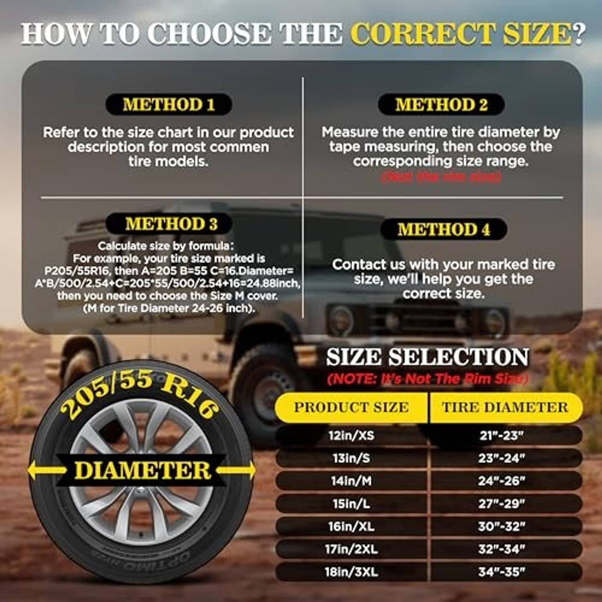 Spare tire cover with size selection graphic; round dark cover for 27–29 in spare tires.
