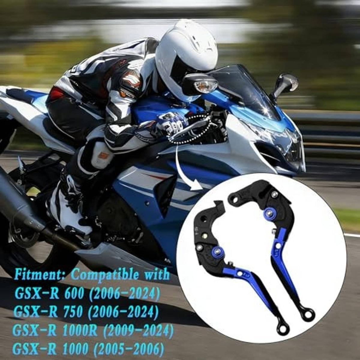 Sport motorcycle front with blue/black brake and clutch levers and front disc area